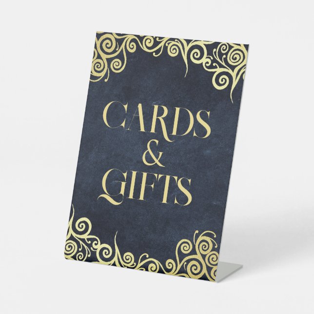  Luxury Navy Blue And Gold Flourish Winter Wedding Pedestal Sign (Front)