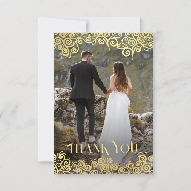  Luxury Navy Blue And Gold Flourish Winter Wedding Thank You Card (Front)