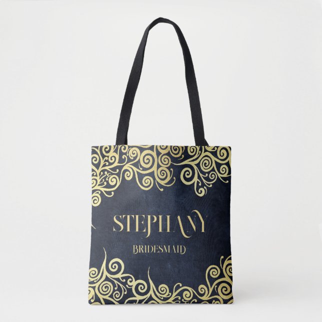  Luxury Navy Blue And Gold Flourish Winter Wedding Tote Bag (Front)