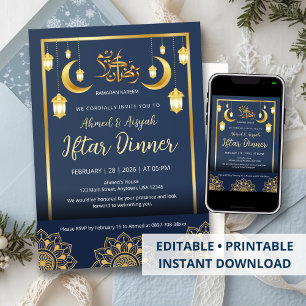 Luxury Navy Blue and Gold Mandala Iftar Dinner Invitation