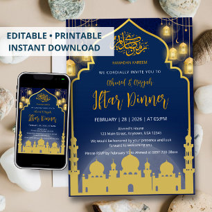 Luxury Navy Blue and Gold Mosque Iftar Dinner Invitation