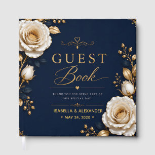 Luxury Navy Blue and Gold Rose Wedding Guest Book 