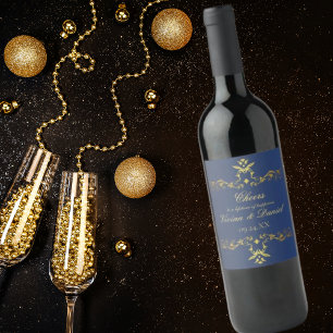 Luxury Navy Blue and Gold Wedding Wine Bottle Labe Wine Label