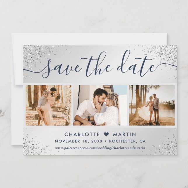Luxury Navy Blue and Silver Glitter Wedding Photo Save The Date (Front)