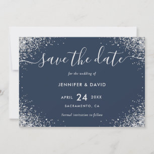 Luxury Navy Blue and Silver Glitter Wedding Save The Date