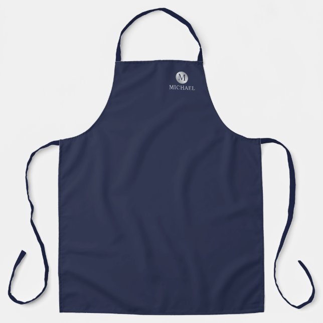 Luxury Navy Blue and Silver Personalised Monogram Apron (Front)