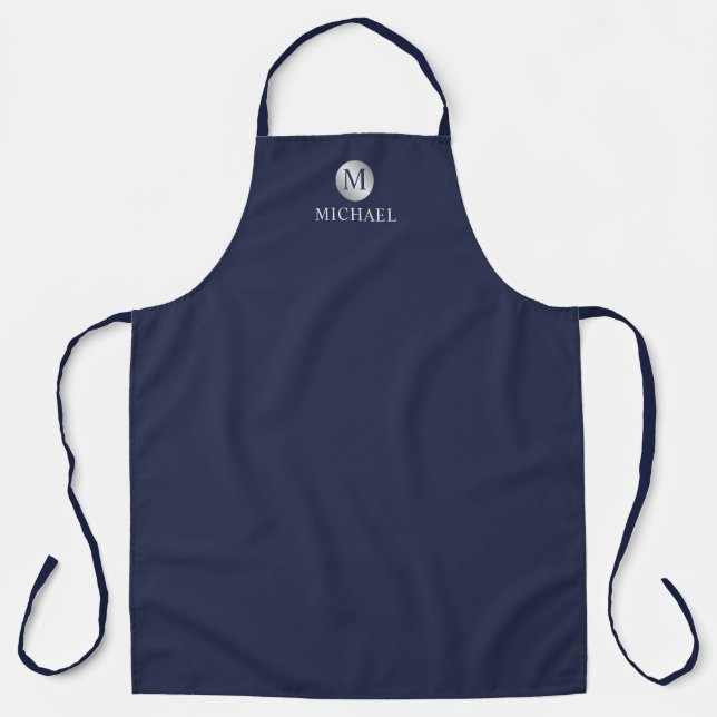 Luxury Navy Blue and Silver Personalised Monogram Apron (Front)