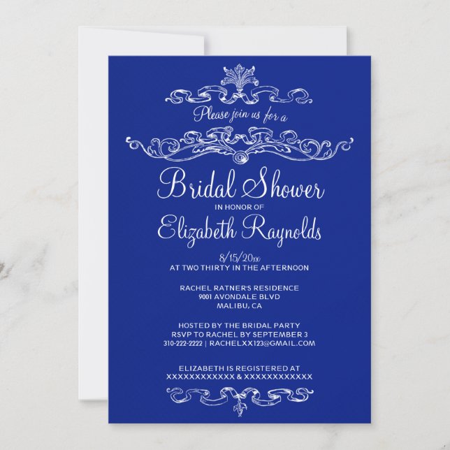 Luxury Navy Blue Bridal Shower Invitations (Front)