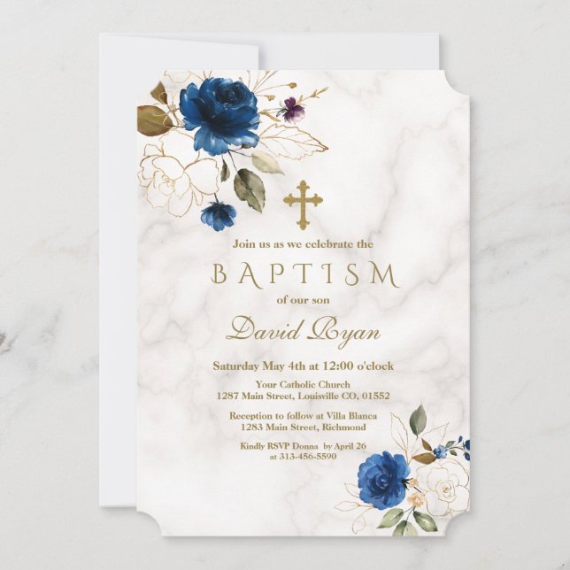Luxury Navy Blue Gold Floral Cross Marble Baptism Invitation (Front)