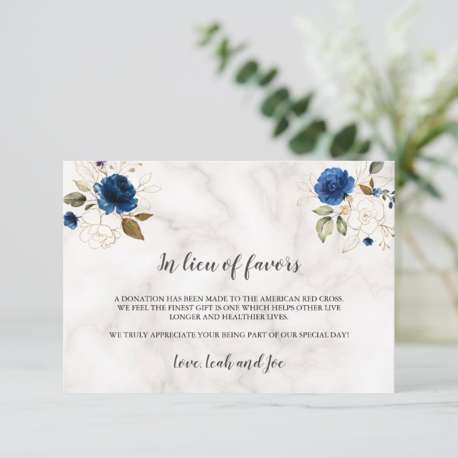 Luxury Navy Blue Gold Floral In Lieu of Favors  Card (Standing Front)