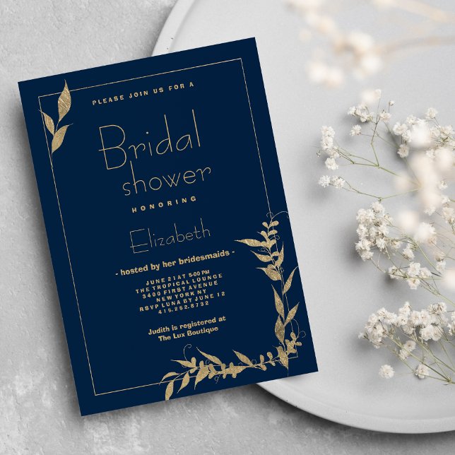Luxury navy blue gold foliage Bridal Shower Invitation (Luxury navy blue gold foliage Bridal Shower )
