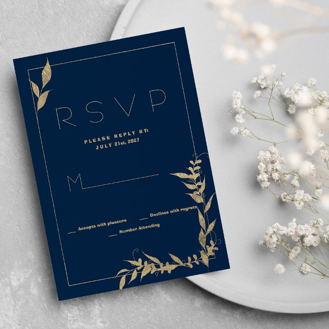 Luxury navy blue gold foliage RSVP Invitation (Luxury navy blue gold foliage RSVP)