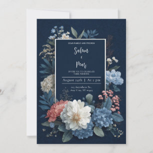 Luxury Navy Blue Gold Frame White Floral Wedding Invitation