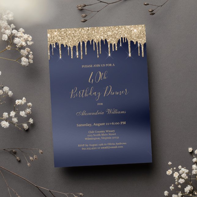 Luxury navy blue gold glitter drips 40th Birthday  Invitation (Luxury navy blue gold glitter drips 40th Birthday)