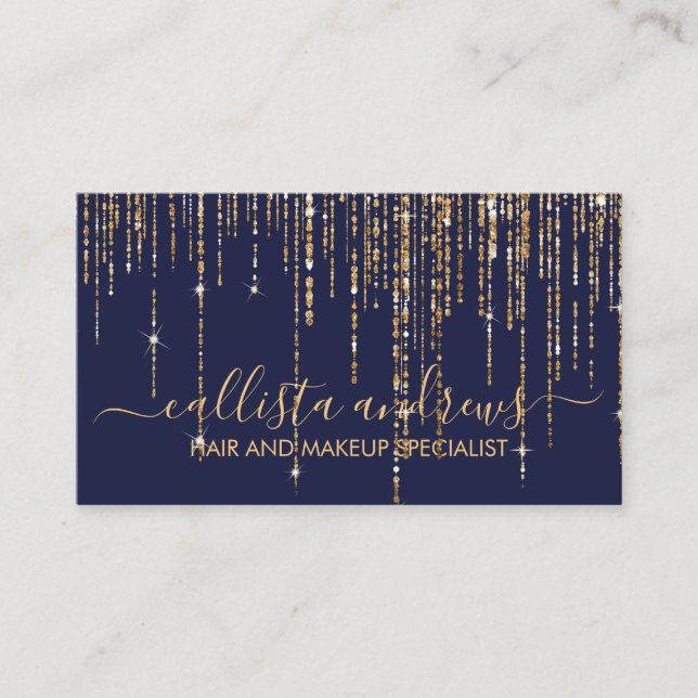 Luxury Navy Blue Gold Glitter Fringe Curtain Business Card (Front)
