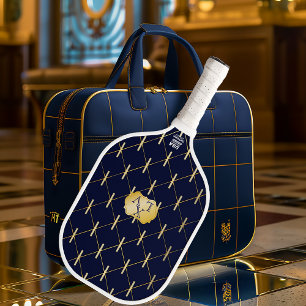 Luxury Navy Blue & Gold Lattice Monogram Pickleball Paddle