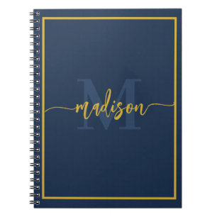 Luxury Navy Blue Gold Monogram Script Name Notebook
