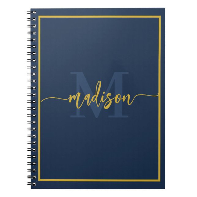 Luxury Navy Blue Gold Monogram Script Name Notebook (Front)