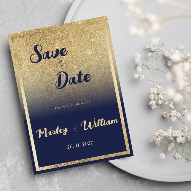 Luxury navy blue gold ombre glitter Save the Date Invitation (Luxury navy blue gold ombre glitter Save the Date)