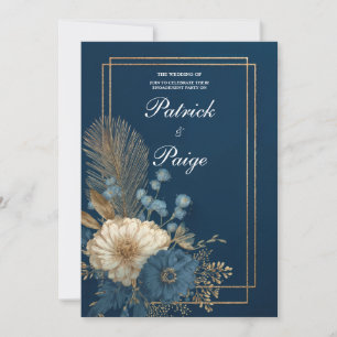 Luxury Navy Blue Gold Palm Floral Wedding Invitation