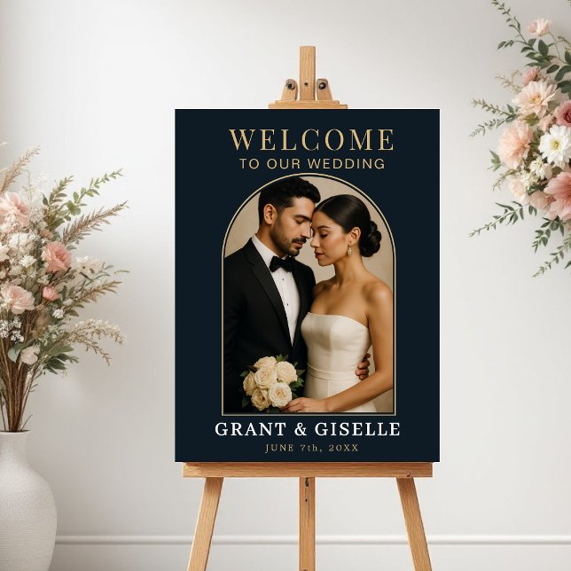 Luxury Navy Blue Gold Photo Wedding Welcome Sign  (Creator Uploaded)