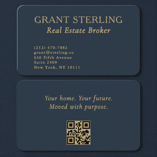 Luxury Navy Blue Gold Realtor QR Code Business Card