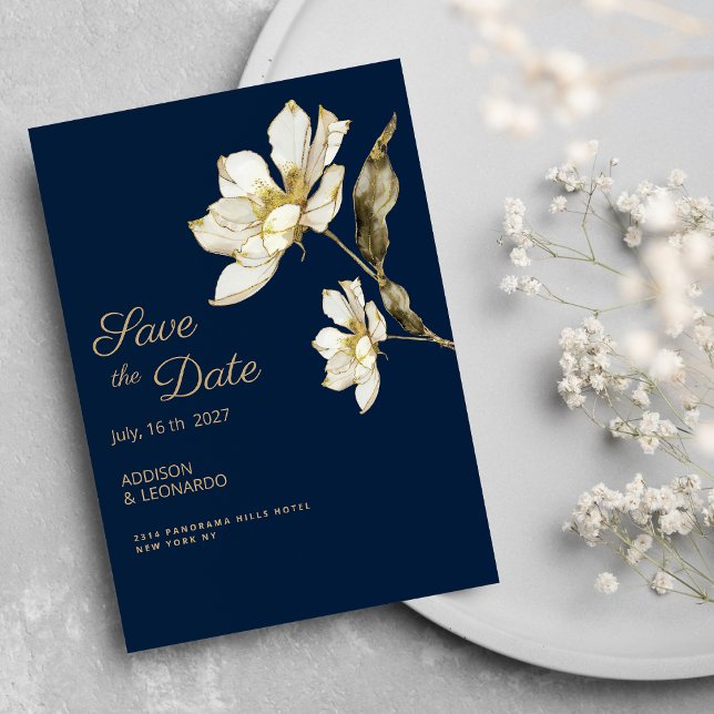 Luxury navy blue gold white flower Save the Date  Invitation (Luxury navy blue gold white flower Save the Date)