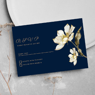 Luxury navy blue gold white glitter flower RSVP Invitation