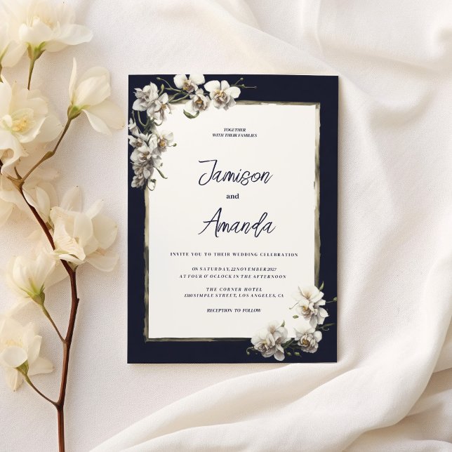 Luxury navy blue gold white orchid floral Wedding Invitation (Luxury navy blue gold white orchid floral Wedding )