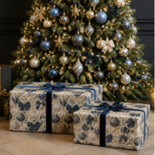Luxury Navy Blue, Ivory & Gold Christmas Ornaments Wrapping Paper