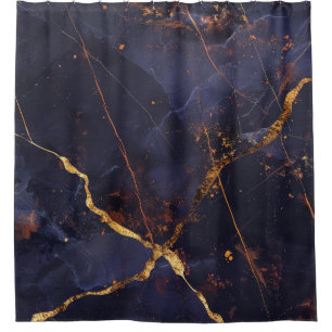 Luxury Navy Blue Kintsugi Marble Copper Gold Veins Shower Curtain