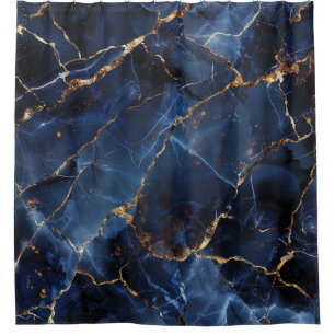 Luxury Navy Blue Kintsugi Marble Gold Agate Shower Curtain