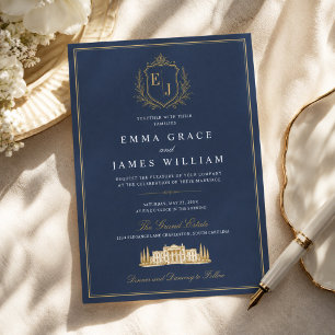 Luxury Navy Blue Old Money Wedding Monogram Invitation