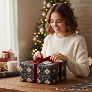 Luxury Navy Blue Plaid & Reindeer Head Holiday  Wrapping Paper