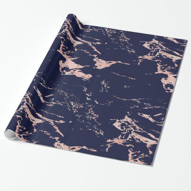 Luxury Navy Blue Rose Gold Foil Marble Wrapping Paper (Unrolled)