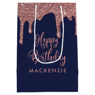 Luxury Navy Blue Rose Gold Glitter Drips Birthday Medium Gift Bag