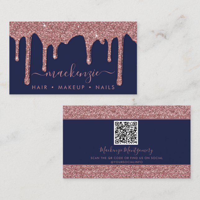 Luxury Navy Blue Rose Gold Glitter Drips QR Code Business Card (Front/Back)