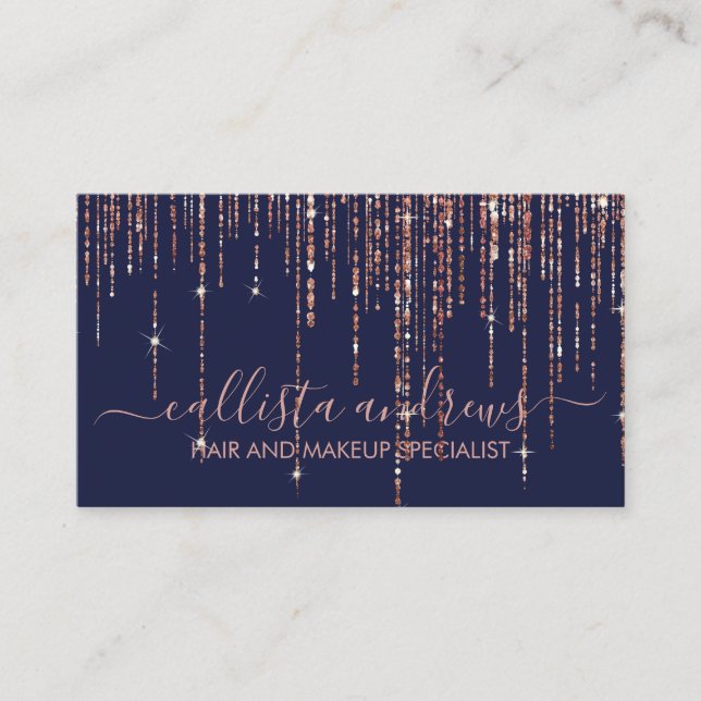 Luxury Navy Blue Rose Gold Glitter Fringe Curtain Business Card (Front)