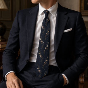 Luxury Navy Blue Sakura Blossom Japanese Floral Tie