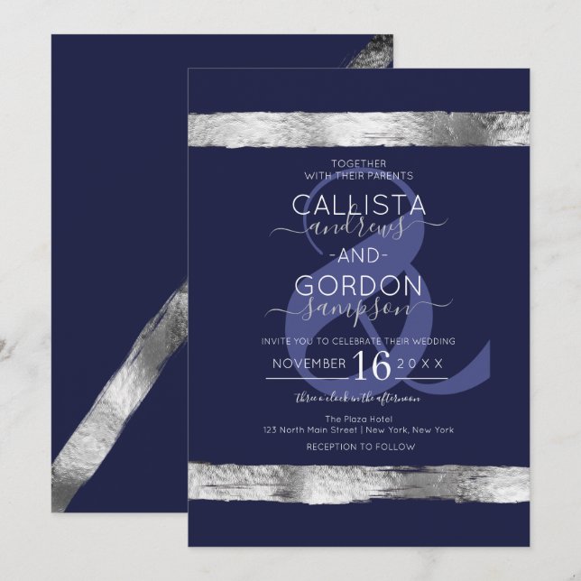 Luxury Navy Blue Silver Brushstroke Border Wedding Invitation (Front/Back)