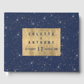 Luxury navy blue sparkle gold glitter pattern guest book