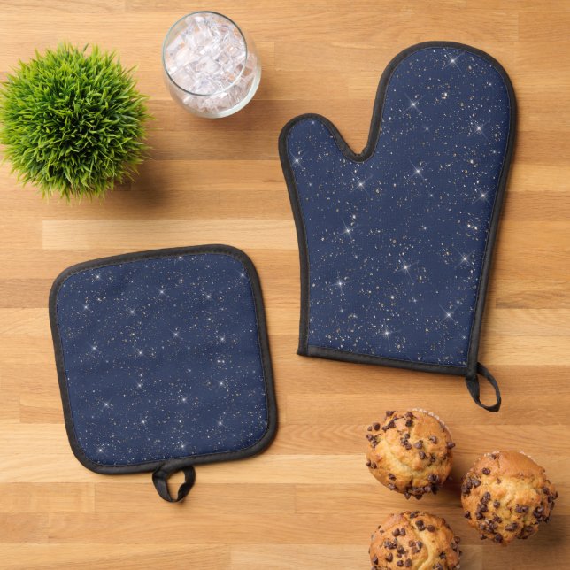 Luxury navy blue sparkle gold glitter pattern oven mitt & pot holder set (Top Down)