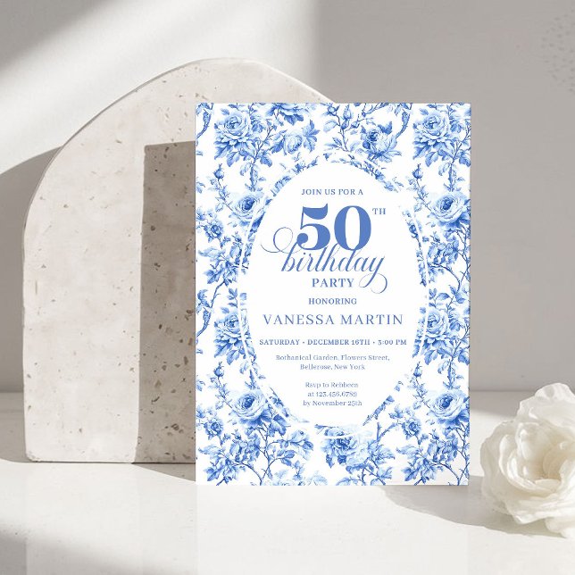 Luxury Navy Blue Toile Roses 50th Birthday Invite (Luxury Navy Blue Toile Roses 50th Birthday Invitation)