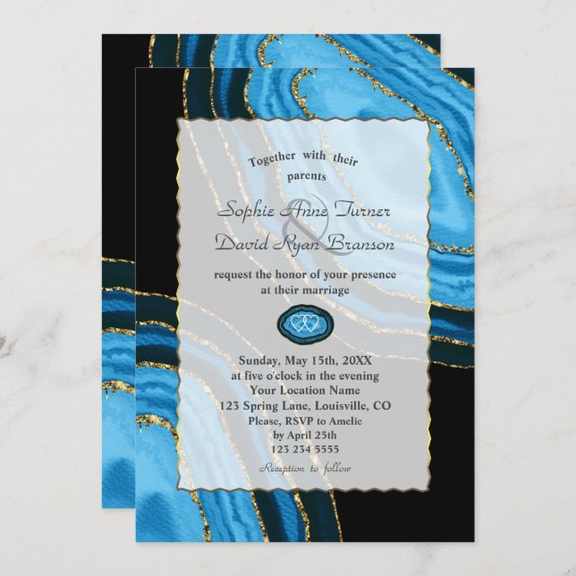 Luxury Navy Blue Watercolor Agates Pearls Wedding Invitation (Front/Back)
