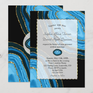 Luxury Navy Blue Watercolor Agates Pearls Wedding Invitation