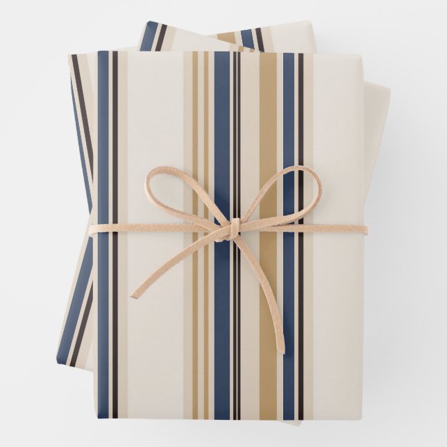 Luxury Navy Camel Stripe Linen  Wrapping Paper Sheet (In situ)