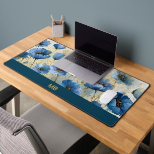 Luxury Navy Cream Gold Floral Monogram Desk Mat