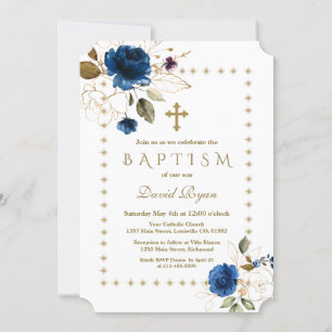 Luxury Navy Floral Gold Glitter Sparkles Baptism Invitation