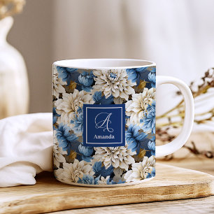 Luxury Navy Flowers Custom Name Floral Coffee Mug