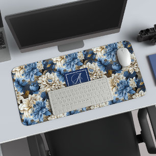 Luxury Navy Flowers Custom Name Floral Desk Mat